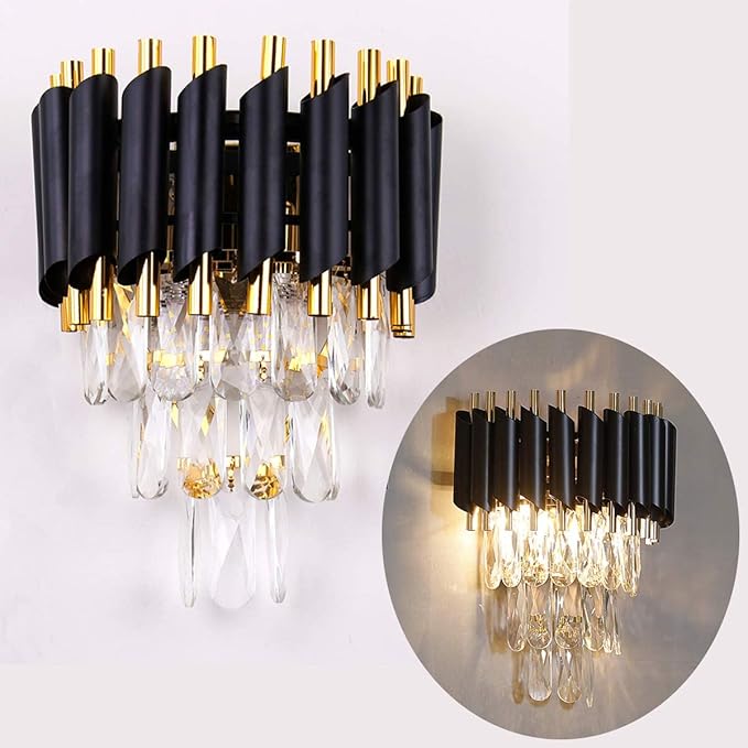 FRIXCHUR Modern Crystal Wall Sconce Lighting Black Crystal Wall Light Fixture Bedside Light 3 Tiers Crystal Wall Lamp for Bedroom Bathroom Dinning Living Room Hallway 2X E12 Base