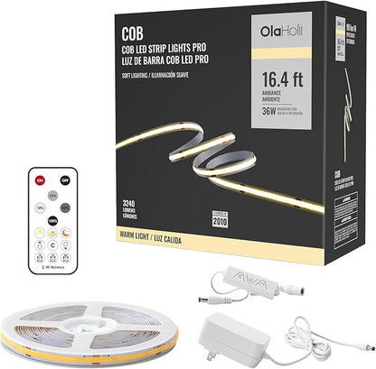 16.4ft COB LED Strip Light with Remote, 3000K Ra93+ Dimmable Bright Warm White Led COB Strip Light, White Continuous Led Strip Light for Mirror, Stair, Cabinet, Room