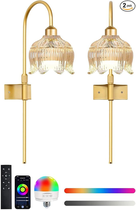 Vintage Battery Operated Wall Sconce with Flower Glass lampshade,Dimmable Battery Operated Wall Sconces Set Of Two,Rechargeable Battery Wall Lights lamp with13 Colors for Bedroom Living Room Hallway