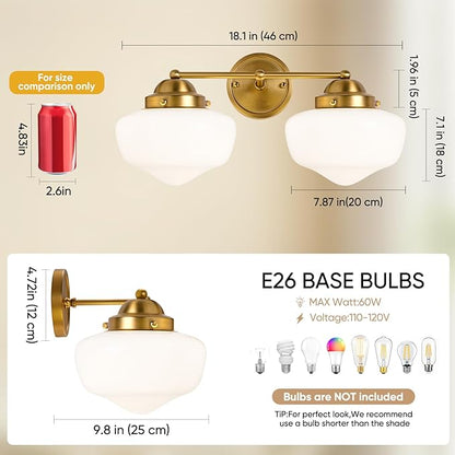 2 Light Bathroom Vanity Light, Bathroom Light Fixture with Milky White Glass Shade and Matte Brass Finish, Vanity Lights for Bathroom, Brushed Gold Vanity Light
