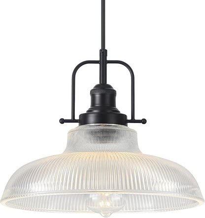 Black Glass Pendant Lights Kitchen Island 1 Pack, 12-inch Ribbed Glass Kitchen Pendant Lights, Farmhouse Pendant Lighting Over Island, Sink, Bar, Vintage Pendant Light for Dining Room