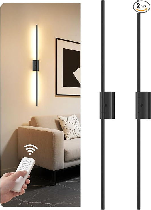 39.4" Wireless Wall Sconces Battery Operated Set of 2, Rechargeable Lamps with Remote, 360° Rotation, 10000mAh, Touch Dimmable Lights for Bedroom, Living Room, Hallway, Black B07YBP205