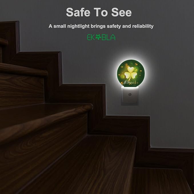 EKOBLA St. Patrick's Day Plug-in Night Light, Glitter Golden Clover Leaf LED Nightlight with Auto Sensor for Home Decor