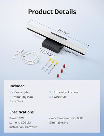 Combuh LED Bathroom Light Fixtures Over Mirror, 16 Inch 9W Black Vanity Light Bar for Bathroom, IP44 Modern Bath Wall Lighting Fixture Indoor Cool White 6000K