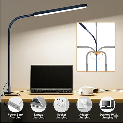 SKYLEO LED Desk Lamp - Desk Light for Home Office - Flexible Gooseneck - 5 Color Modes X 11 Brightness Levels - 1300LM - Timmer & Memory Function - 12W Clip on Light - Blue