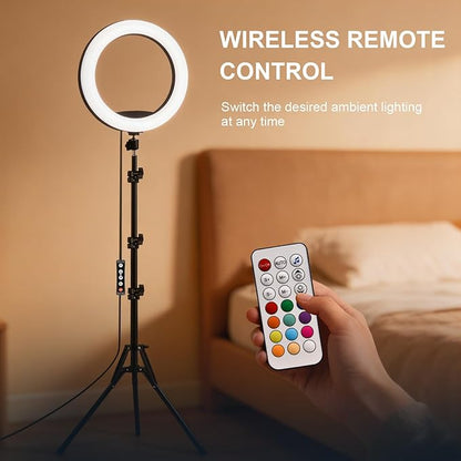 10" Selfie Ring Light with 73" Tripod Stand & 1 Phone Holder, LED Camera Ringlight with 48 RGB Colors Modes & Musical Rhythm Mode and 12 Brightness Dimmable for TikTok/Makeup/Photography/Vlog