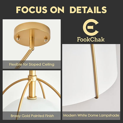 White Gold Pendant Light 3-Light Socket Large Pendant Light Fixture with Adjustable Pendant Rod 12in Dome Kitchen Pendant Lighting for Kitchen Island Dining Room Kitchen Sink, E26