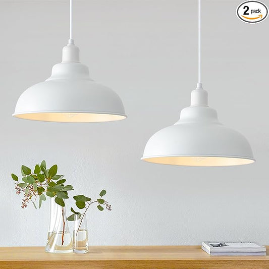 White Pendant Light, Farmhouse Pendant Lights Kitchen Island 2 Pack, 11.4in Modern Pendant Light Fixture, Adjustable Height, Pendant Lighting for Dining Room, Living Room, Hallway