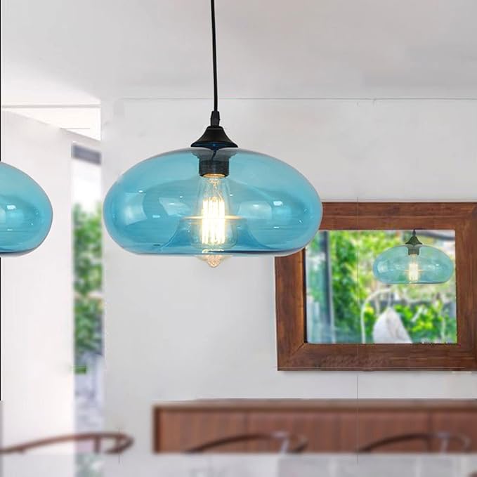 11" Industrial Vintage Colorful Glass Pendant Lighting 1-Light Farmhouse Loft Bar Ceiling Hanging Lamp Kitchen Island Dining Room Bedroom Chandelier (Blue)