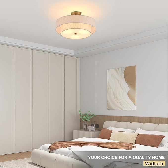 Modern Semi Flush Mount Ceiling Light 18" Modern Gold 3-Lights Drum Ceiling Lighting Fixture Vintage Linen Golden Ceiling Lamp for Laundry Room, Kitchen, Basement, Dining Room, Bedroom