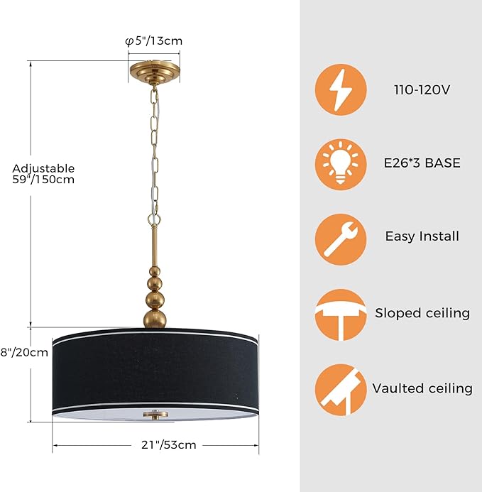 Shrine Lighting Drum Chandeliers, Farmhouse Style, Perfect Drum Pendant Light for Dining Room, D20'' x H7'', Adjustable Chains 59'', E26*3 Sockets, Black Linen Fabric Lampshade & Gold Rod