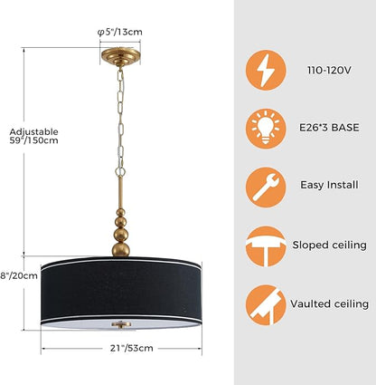 Shrine Lighting Drum Chandeliers, Farmhouse Style, Perfect Drum Pendant Light for Dining Room, D20'' x H7'', Adjustable Chains 59'', E26*3 Sockets, Black Linen Fabric Lampshade & Gold Rod