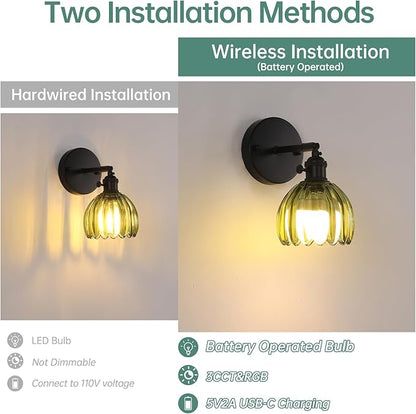 Shenmoyl Vintage Battery Operated Wall Sconce with Green Tulip Glass Lampshade Rechargeable Battery Powered Black Wall Light with Remote Control for Bedside Bedroom Doorway, Set of 2