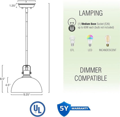Kira Home Belle 9" Modern Industrial Pendant Light with Dome Shade, Petit Retro Metal Silver Hanging Light, Brushed Nickel Finish