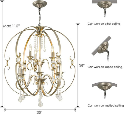 Farmhouse Crystal Chandeliers for Dining Room Light Fixture,2 Tier 9 Light 30 Inch Antique Silver Sphere Bronze Chandelier for Living and Dining Areas,Living Room,Staircases,Entryways