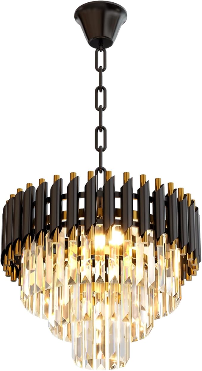 Modern Black Crystal Chandelier, 16" 5-Light Round Chandelier,3 Tiers Ceiling Pendant Light, Adjustable Hanging Chandeliers for Dining Room, Foyer, Living Room, Staircase
