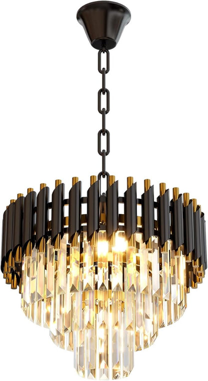 Modern Black Crystal Chandelier, 16" 5-Light Round Chandelier,3 Tiers Ceiling Pendant Light, Adjustable Hanging Chandeliers for Dining Room, Foyer, Living Room, Staircase