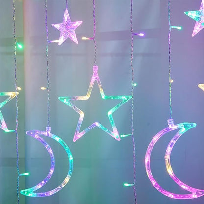 Star Moon Curtain Lights 138 LED, 7.5ft USB Powered Fairy String Lights with 8 Modes, Colorful (Pink Purple Green Warm White) Window Hanging Lights for Bedroom Kids Room Ramadan Eid Party Decor
