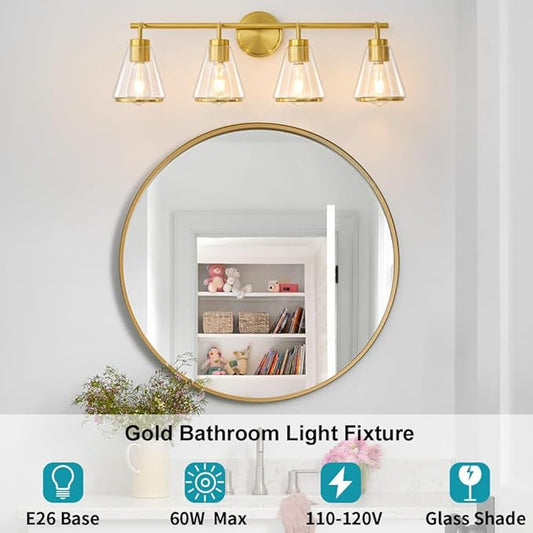 Gold Vanity Light 4 Light Bathroom Vanity Light Fixtures Over Mirror with Clear Glass Shade, 30 Inch Lights for Bathroom Modern Wall Sconce Lighting (Exclude E26 Bulb)