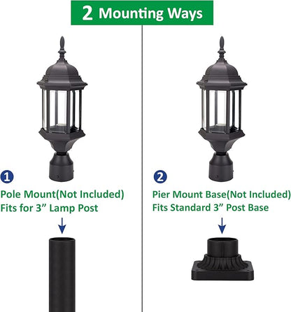 LIT-PaTH Outdoor Post Lighting Fixture Pole Lantern, E26 Medium Base Max 60W, Aluminum Housing Plus Glass, 2-Pack, Black Finish