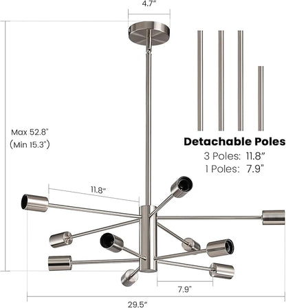 RUIYEY Modern Sputnik Chandeliers Light, 10 Lights Brushed Nickel Chandeliers for Dining Room, E26 Height Adjustable Chandelier Ceiling Lighting Fixture for Farmhouse Kitchen Island Living Room Foyer