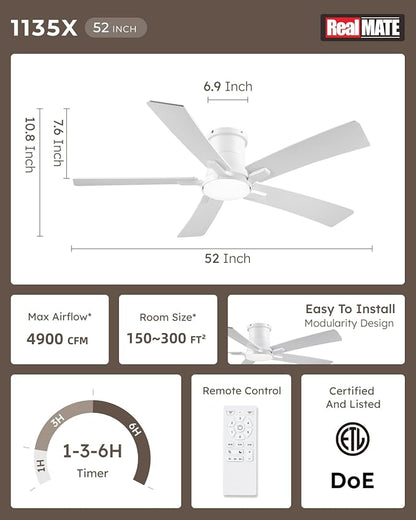 52 Inch Ceiling Fans with Lights and Remote, White Low Profile Ceiling Fan, Flush Mount Style with 5 Blades, For Indoor Bedroom Living Room/Outdoor, 6 Speed Reversible DC Motor, 3CCT Dimmable LED