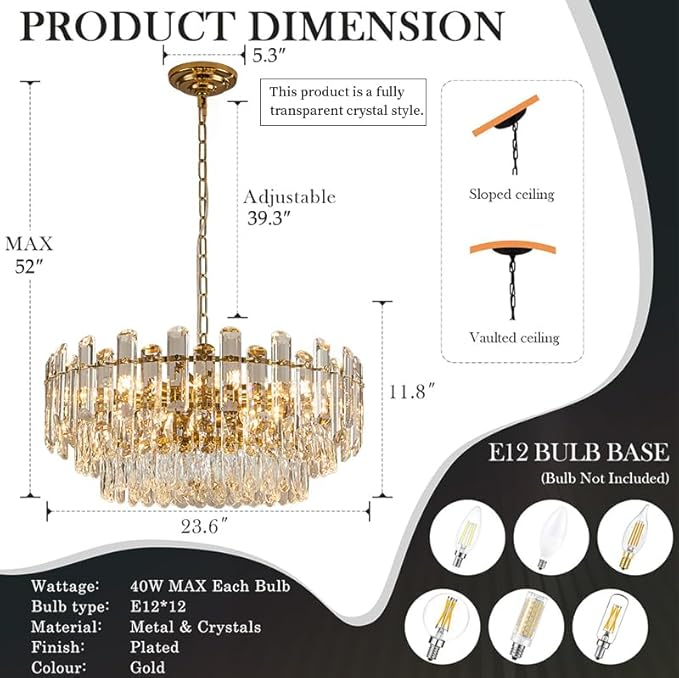 23.6" Gold Crystal Chandeliers Fully Transparent Crystal Modern3-Tier Luxury Pendant Light 12-Light Ceiling Pendant Lighting for Dinning Room Living Room Foyer