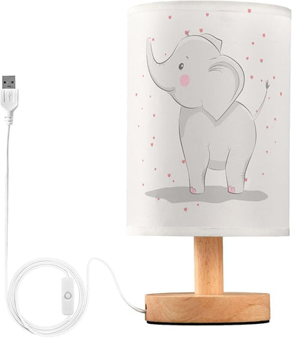 Table Lamp Cute Elephant Baby with Love Heart Valentines Day White Nightstand Lamp with Wood Base Fabric Lamp Shade Bedside Desk Lamp for Living Room Bedroom Kids Room Office