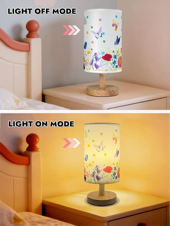 Butterfly Flower Kids Table Lamp for Bedroom Girls Bedside Lamps-3 Way Dimmable Wood Base Nightstand Nightlight with Butterflies Pattern Lampshade for Boy Girls Room Home Decor,Butterfly Gift for Girl