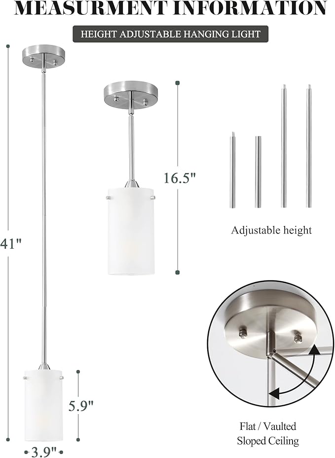 Mini Pendant Light Fixture 1-Light, 3 Pack Brushed Nickel Hanging Ceiling Lights with Opal White Glass, Adjustable Height, Modern Hanging Pendant Lamp for Kitchen Island