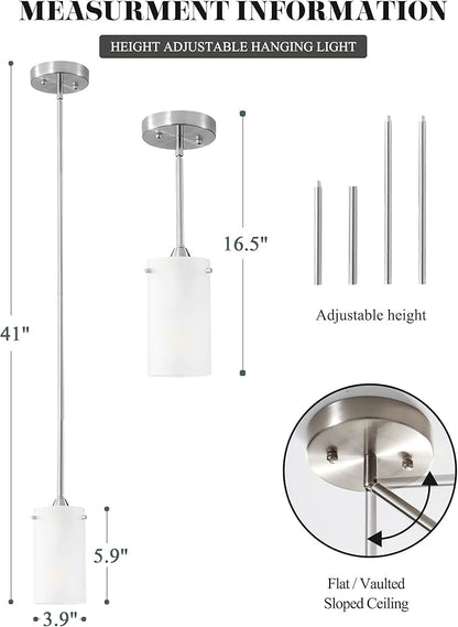 Mini Pendant Light Fixture 1-Light, 3 Pack Brushed Nickel Hanging Ceiling Lights with Opal White Glass, Adjustable Height, Modern Hanging Pendant Lamp for Kitchen Island