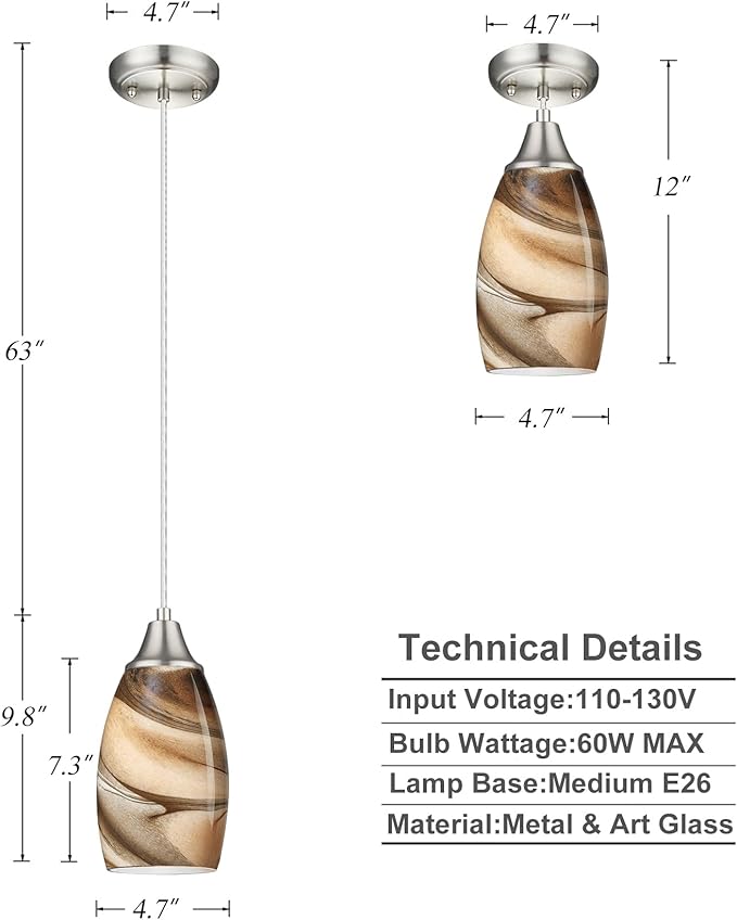 karyfine Mini Pendant Lights Kitchen Island Light Brown Glass Lamp Shade Hand Blown Glass Pendant Light with Brush Nickel Finish Adjustable Cord for Kitchen Over Sink, Dining Room (Light Brown-1P)