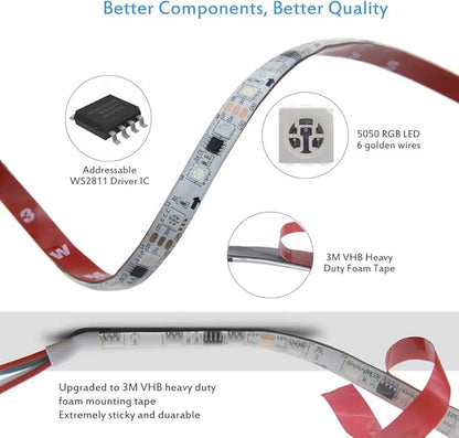 ALITOVE WS2811 Addressable RGB LED Strip 12V Programmable LED Pixel Strip Lights 16.4ft 300 LEDs Dream Color Digital LED Flexible Rope Light Waterproof IP65 with 3M VHB Heavy Duty Self-Adhesive Back