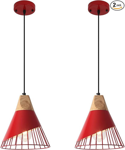 Farmhouse Pendant Light 9.4ines, 2 Packs- Red Industrial Kitchen Pendant Lights for Kitchen Island, Bar, Bedroom, Office, Library