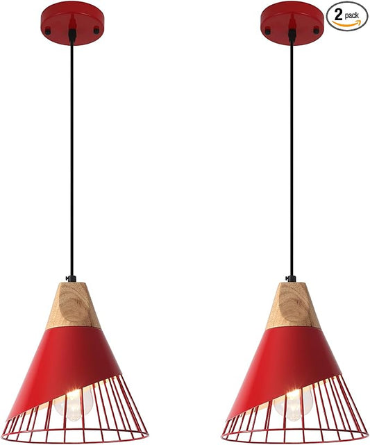 Farmhouse Pendant Light 9.4ines, 2 Packs- Red Industrial Kitchen Pendant Lights for Kitchen Island, Bar, Bedroom, Office, Library