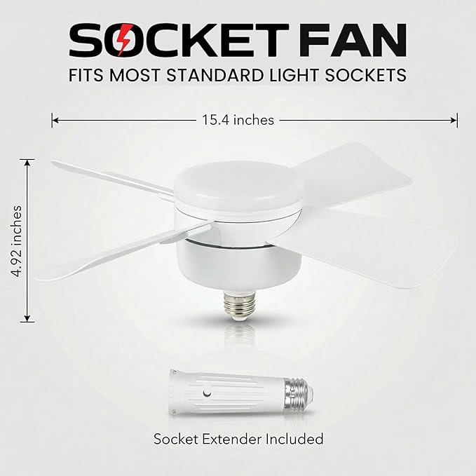 Bell+Howell Socket Breeze 15.4" Socket Fan Light, 5-Speed Deluxe Model – Portable Low Profile Ceiling Fans with Lights and Remote Control – For Bedroom, Kitchen, Living Room
