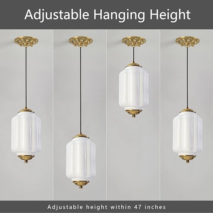 Milk Glass Pendant Light, 5.5 Inch White Adjustable Cord Hanging Lamp, Dimmable E26 Base Vintage Pendant Light Fixture for Bedroom Bathroom Entryway
