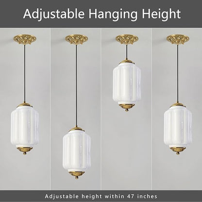 Milk Glass Pendant Light, 5.5 Inch White Adjustable Cord Hanging Lamp, Dimmable E26 Base Vintage Pendant Light Fixture for Bedroom Bathroom Entryway