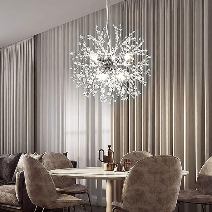 Modern Crystal Chandeliers 9-Light Chrome Dandelion Light Fixture,Firework Chandelier,Personalized Ceiling Hanging Lighting for Bedroom,Dining Room,Kitchen,Aisle Chandelier