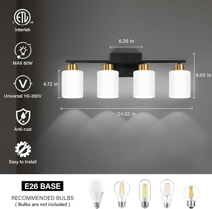 FonmYim Black and Gold Bathroom Light Fixtures, 4-Light Modern Vanity Light Over Mirror, Wall Sconces with Milky White Frosted Glass Shades, E26 Socket (Bulbs Not Included)
