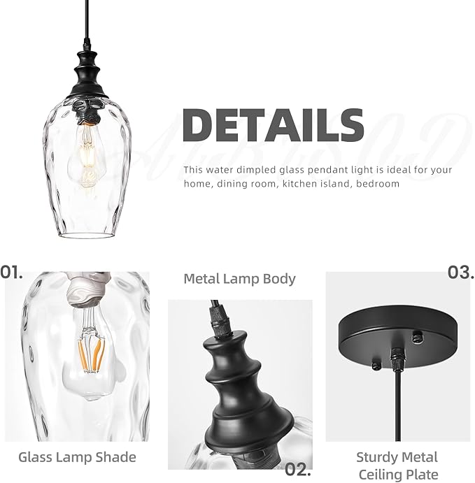 Glass Pendant Lights for Kitchen Island 2 Pack, E26 Modern Black Pendant Light Fixtures with Hand Blown Glass, Adjustable Farmhouse Hanging Light for Dining Room, Entryway & Over Sink Lighting