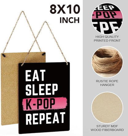 K-Pop Decor, Eat Sleep K-Pop Repeat Room Decor Wood Sign, Girls K-Pop Gifts Rustic Anime Lovers Wooden Hanging Plaque for Home Living Room Girl Bedroom Wall Art Decoration