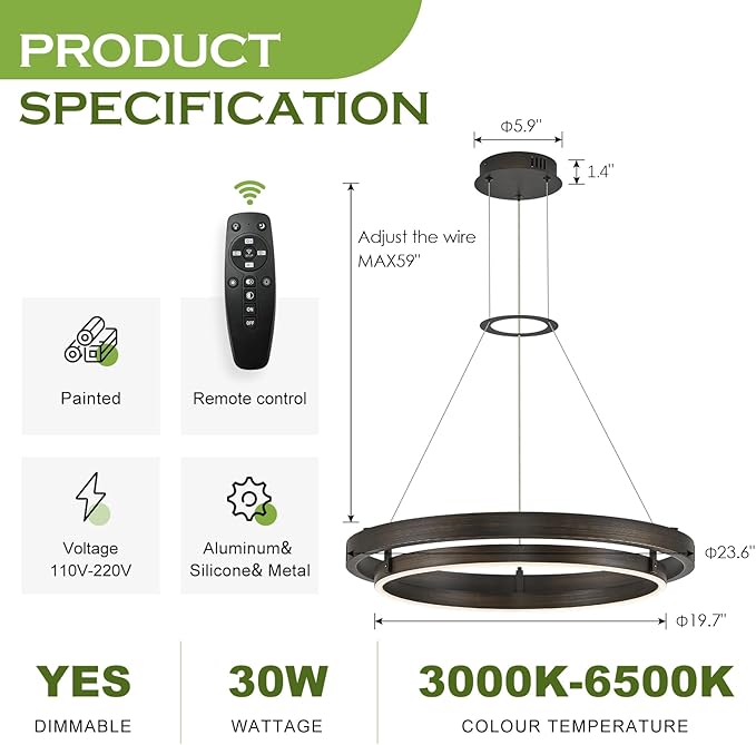 Benkut Modern LED Chandelier Vintage Black Brown Dimmable Circular LED Pendant Light with Remote Ring Chandelier Dining Room Light Fixtures for Kitchen Island Living Room Entryway, D23.6