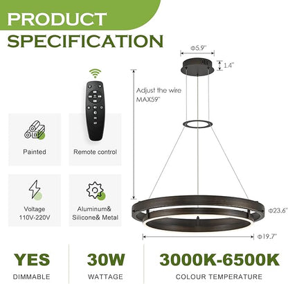 Benkut Modern LED Chandelier Vintage Black Brown Dimmable Circular LED Pendant Light with Remote Ring Chandelier Dining Room Light Fixtures for Kitchen Island Living Room Entryway, D23.6