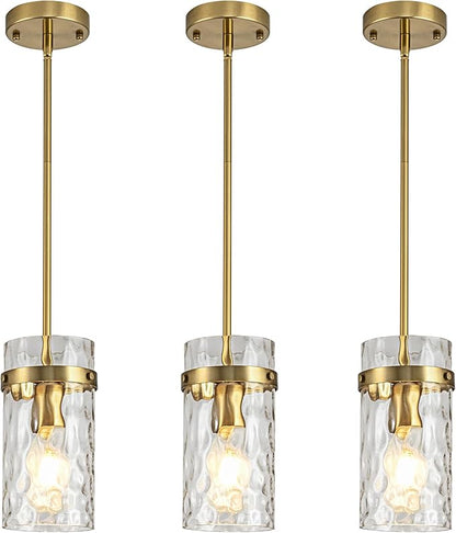 3 Pack Brushed Gold Pendant Lights Kitchen Island, Hammered Glass Pendant Lighting Over Island, Kitchen Hanging Light Fixtures Pendant Light Over Sink for Kitchen Entryway Foyer Dining Room