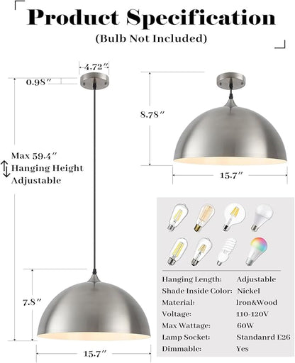 Brushed Nickel Pendant Lights Kitchen Island, 16 Inch Large Dome Pendant Light, Modern Farmhouse Pendant Light for Kitchen Island, Dining Room, Cafe, Bar, 2 Pack