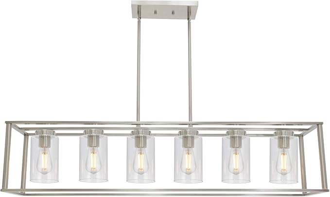 Modern Chandeliers 6 Light Brushed Nickel Dining Room Lighting Fixtures Hanging Rectangular Kitchen Island Pendant Lights Industrial Flush Mount Ceiling Light with Glass Shade