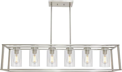 Modern Chandeliers 6 Light Brushed Nickel Dining Room Lighting Fixtures Hanging Rectangular Kitchen Island Pendant Lights Industrial Flush Mount Ceiling Light with Glass Shade