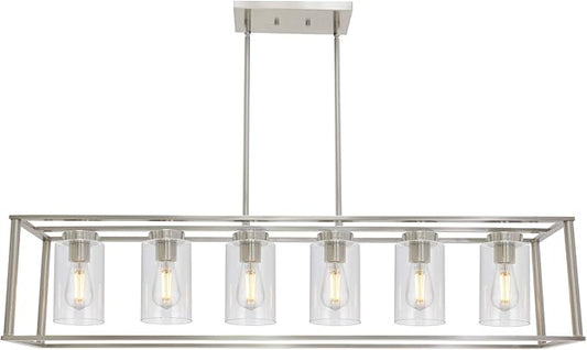 Modern Chandeliers 6 Light Brushed Nickel Dining Room Lighting Fixtures Hanging Rectangular Kitchen Island Pendant Lights Industrial Flush Mount Ceiling Light with Glass Shade