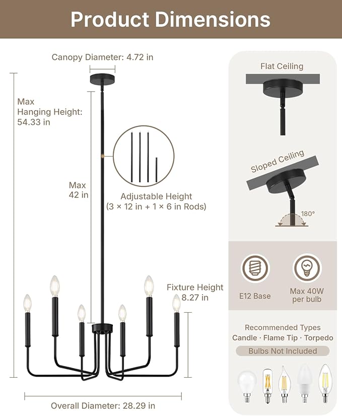 Yunnix 6 Light Matte Black Chandelier Modern Farmhouse Chandelier for Dining Room Light Fixtures Ceiling Hanging, Iron Chandelier for Bedroom, Foyer, Entryway, Kitchen, Living Room and Entryway